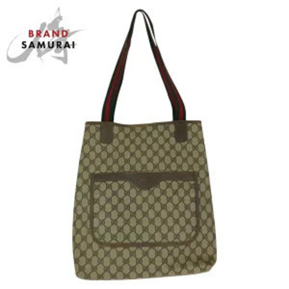 Gucci Sherry Brown Beige GG Supreme Canvas Leather Tote Bag Shoulder